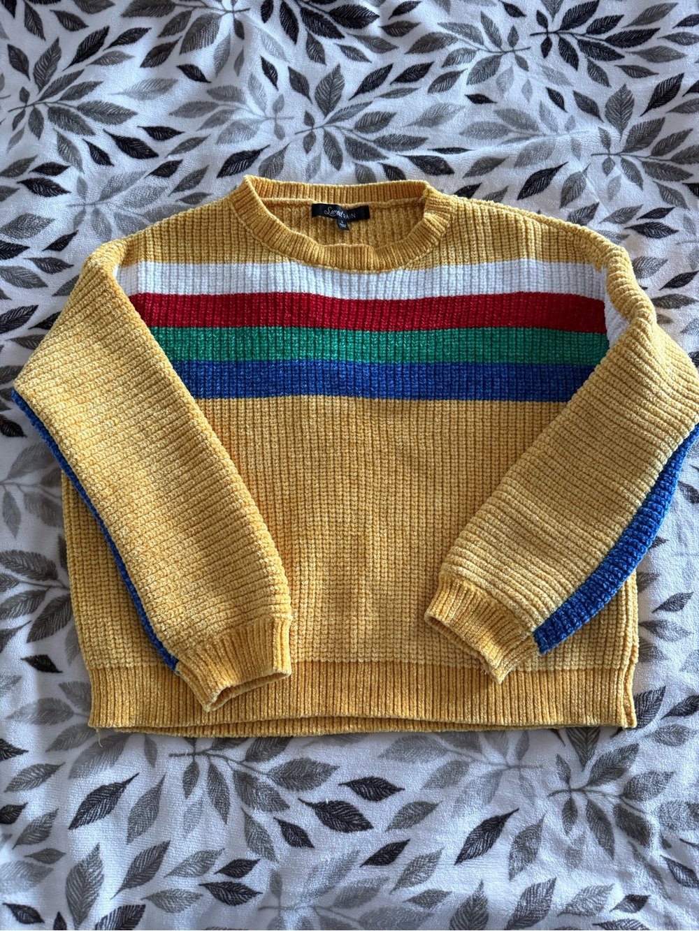 Sweet Rain Yellow Crewneck Sweater with Multicolor Stripes